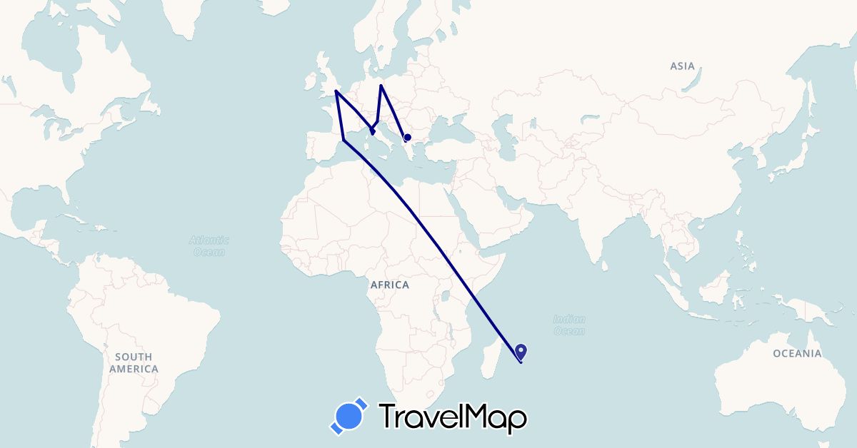 TravelMap itinerary: driving in Germany, Spain, United Kingdom, Italy, Macedonia, Réunion (Africa, Europe)